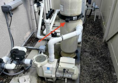 Leaking pool filter at the connection point was identified during a Home Watch Service Call in Del Webb Lakewood Ranch in Florida.